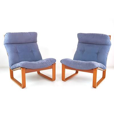 Pair of Tessa T8 Chairs with Blue Suede Upholstery, Designed by Fred Lowen